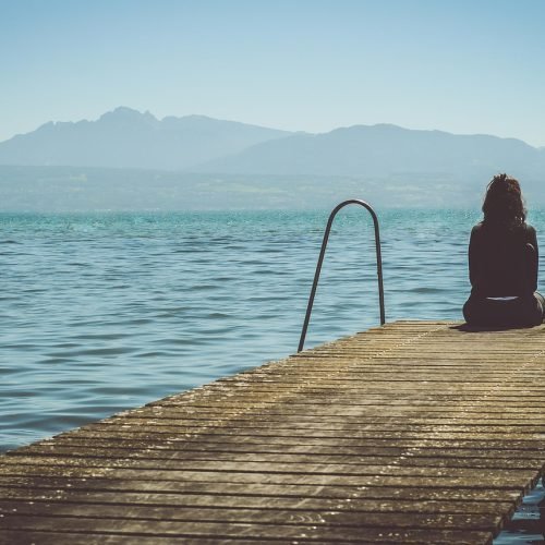 woman, dock, nature, lake, outdoors, person, pier, scenic, sitting, water, jetty, alone, sit, solitude, solitary, lonely